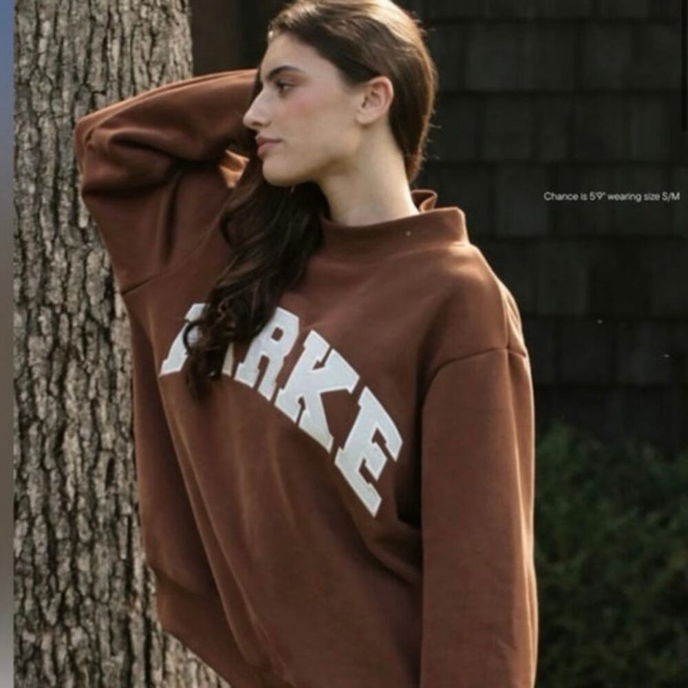 NEW Parke Varsity Mockneck Sweatshirt Brown Oversized Fleece Cozy Lounge Viral - Picture 3 of 16